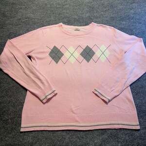 IZOD Women's Pink Argyle Crewneck Cotton Knit Golf Tennis Grandmacore Sweater L